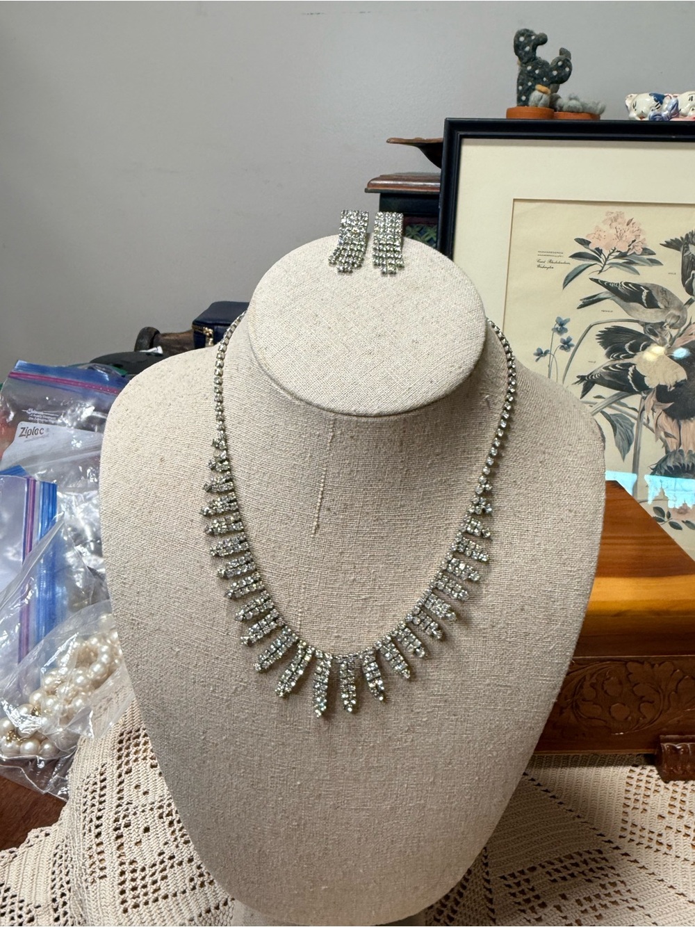 Mid Century Rhinestone Fringe Waterfall Necklace And Earrings Set
